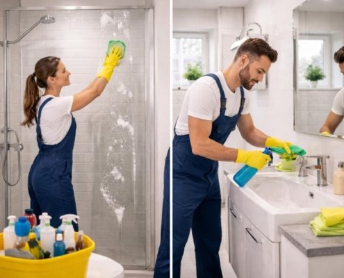 Detailed cleaning of bathroom fixtures and surfaces