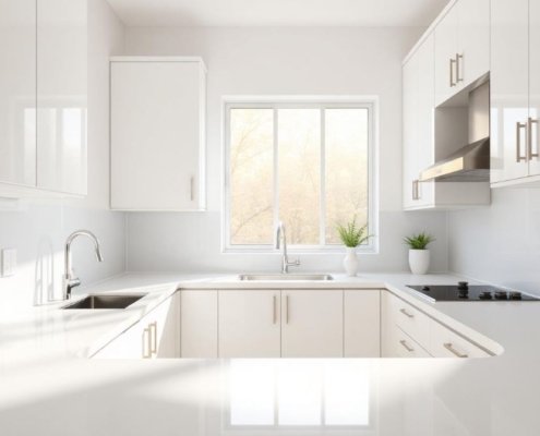 Cleaner wiping a kitchen countertop during routine house cleaning